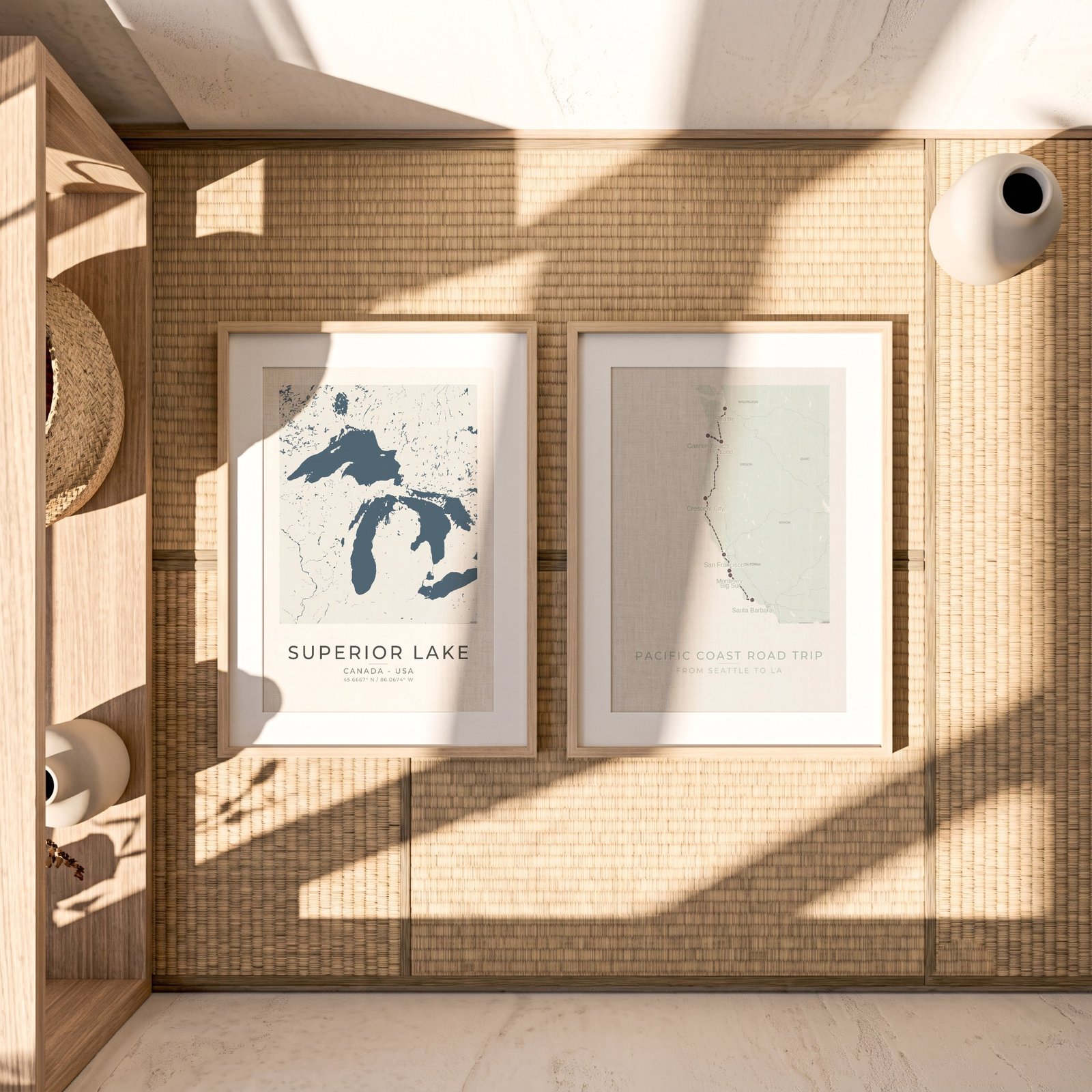 Lake Superior custom personalized art poster framed on Japandi texture wall